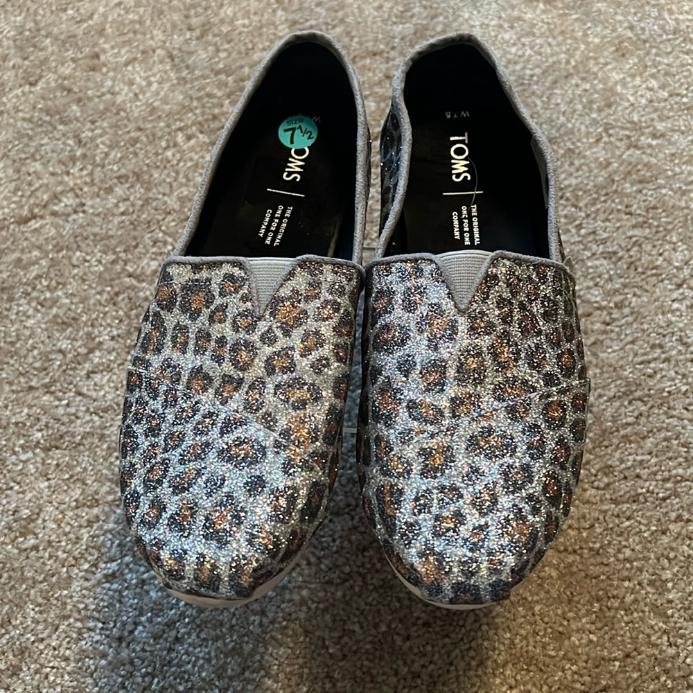 Tom’s Alpargata Sparkle Silver Cheetah Print Women’s Slip On Flats Size 7.5
